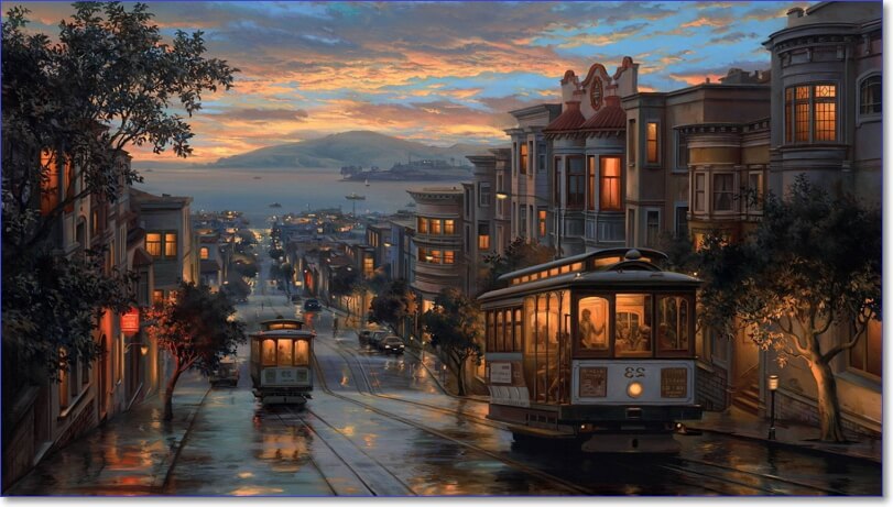 Трамваи на фоне закате в прибрежном городе